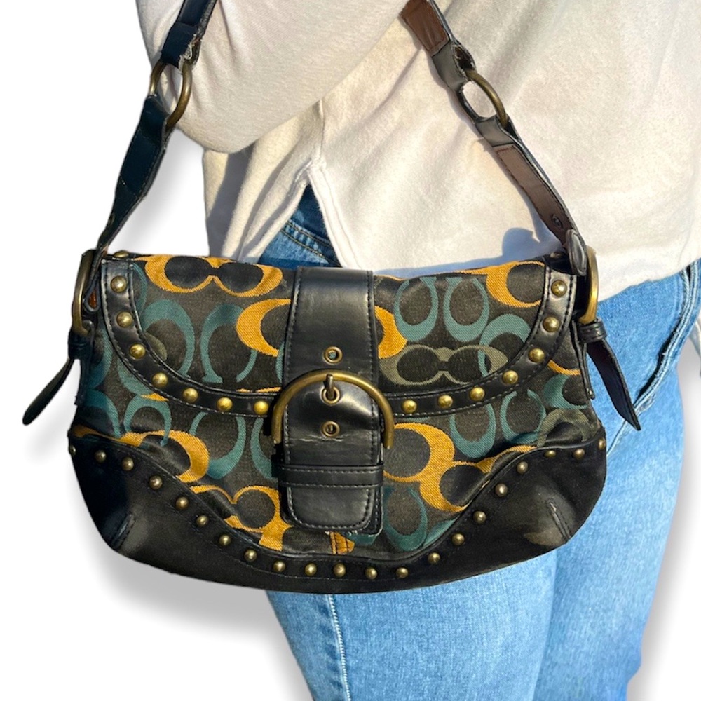 Coach Black, Teal & Mustard Signature Canvas Shoulder Bag